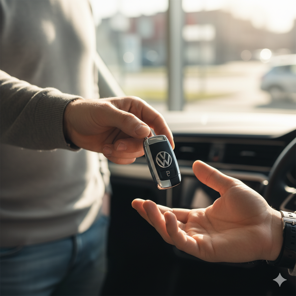 [Imagem de um atendente entregando as chaves do carro para um cliente]